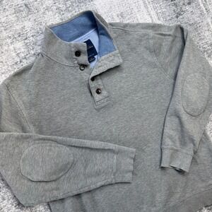 Brooks Brothers Sweater Mens XL Gray Pique Knit Mock Neck Elbow Patches Pullover